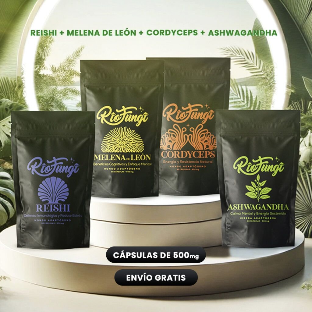 Adaptógenos para el estrés y el descanso 1 Combo x4 Adaptógenos en cápsulas Río Fungi. Ashwagandha, Melena de Leon, Reishi, cordyceps