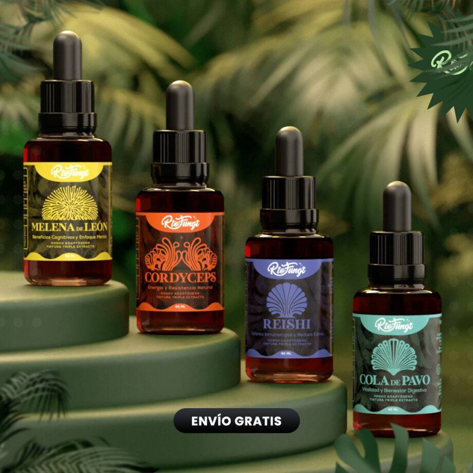 Combo x4 Adaptógenos en extractos Río Fungi. Melena de Leon, Reishi, cola de pavo, cordyceps
